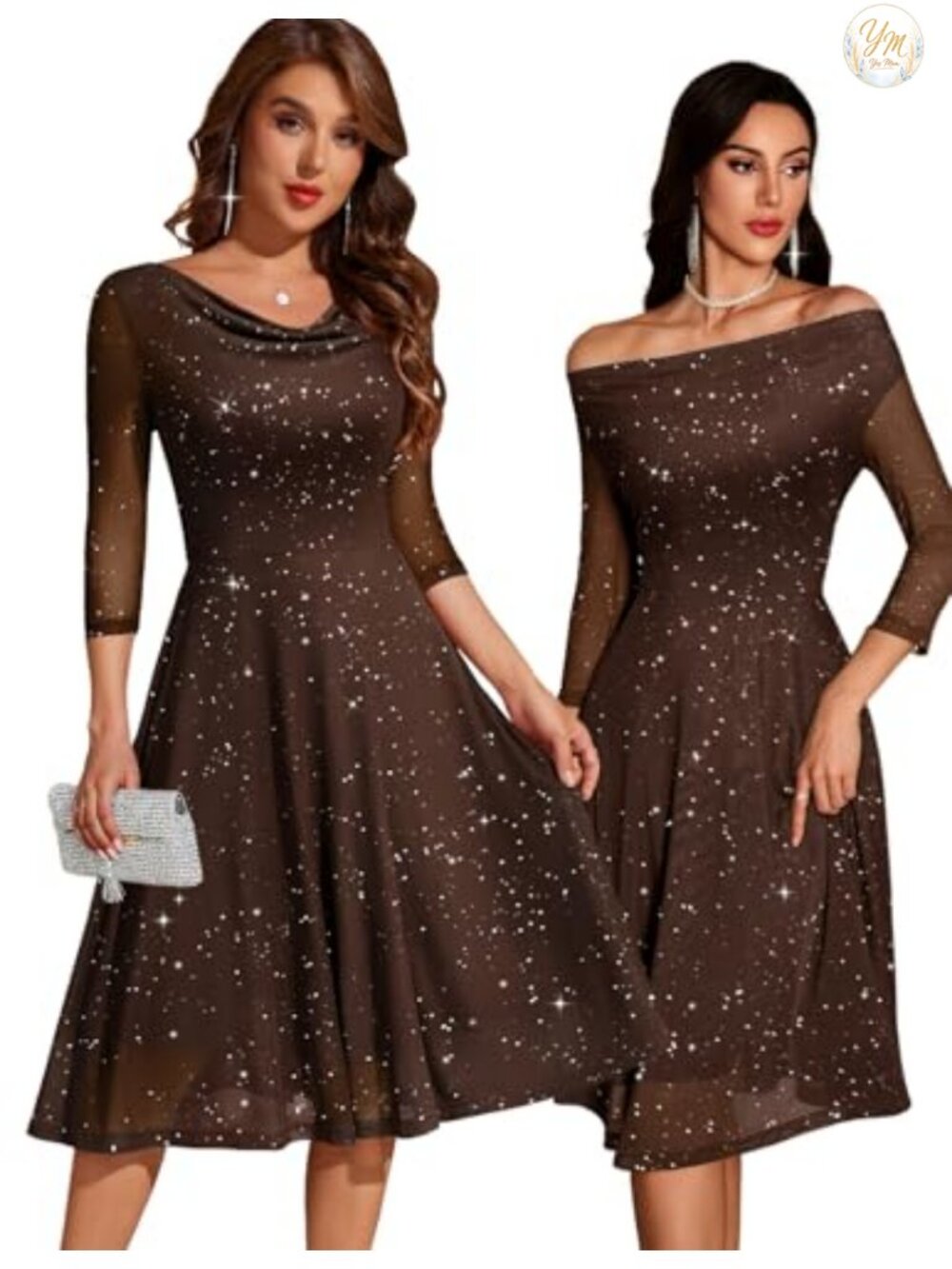 Sequin Formal Cocktail Midi Dress Cowl Neck 3/4 Sleeve A-Line Wedding Guest